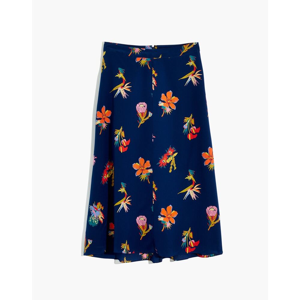 Madewell Silk Midi Skirt Women's 10 Navy Botanical Resort Euro Vacation Cruise - Picture 13 of 16